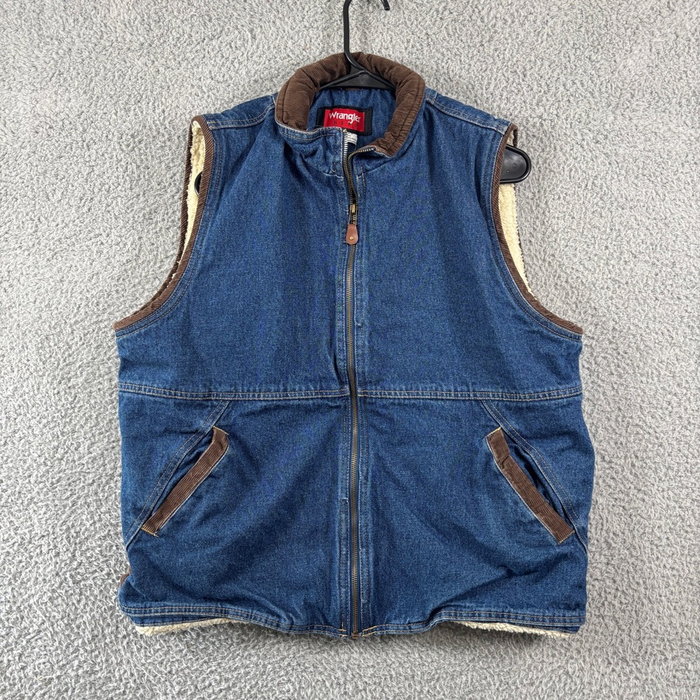 Wrangler Hero Mens Sherpa Lined Denim Vest Indigo Blue Corduroy Collar Size L‎